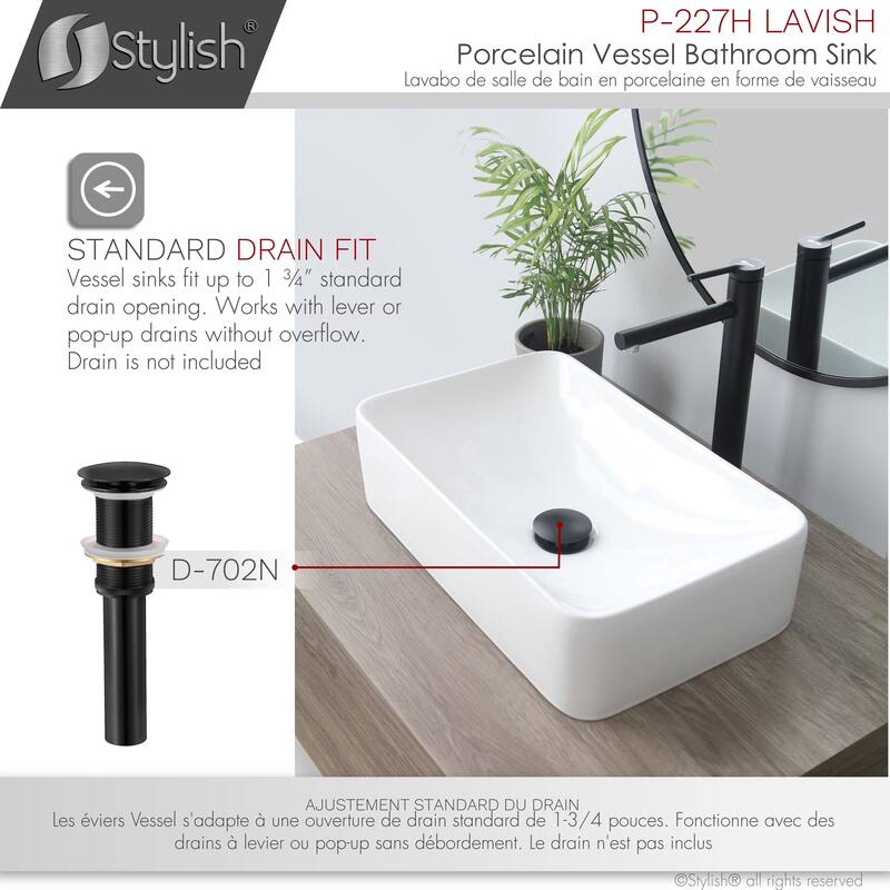 STYLISH Porcelain Rectangular 18-7/8-inches Vessel Ceramic Bathroom Sink - 19" x 11 1/2" x 5"