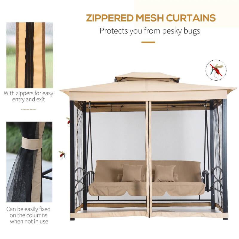 Luxury 3-Seat Patio Swing Chair,Dual Canopy,Mesh Walls,Comfort Cushion