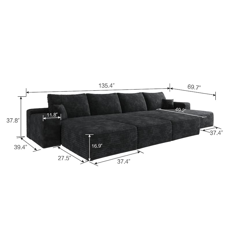 Oversized Modular Sleeper Sofa Bed Floor Standing Sectional Couch Corduroy Upholstered Compression Sofa with Chaise and Ottomans