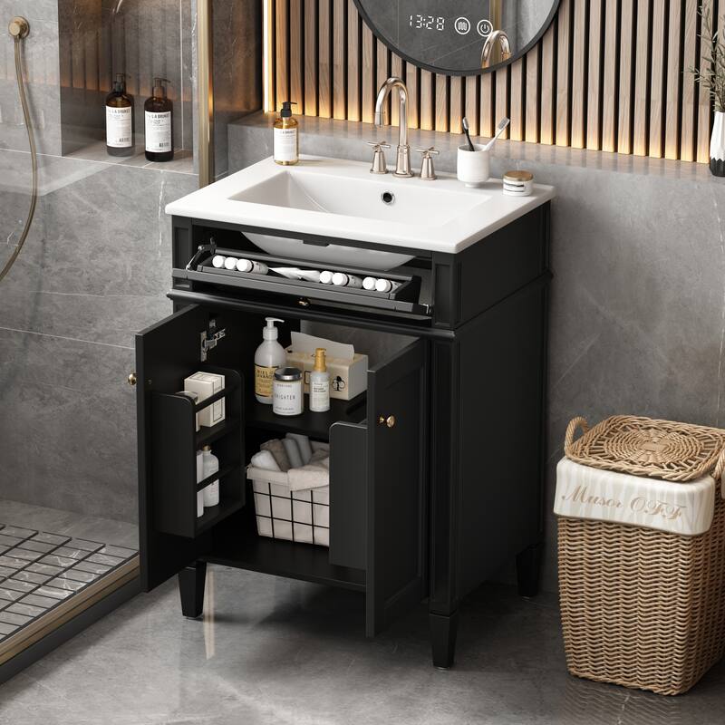 24" Bathroom Vanity with 2 Doors and Tip-Out Drawer, Bathroom Storage Cabinet with Sink, Soft-Closing Doors with Organizers