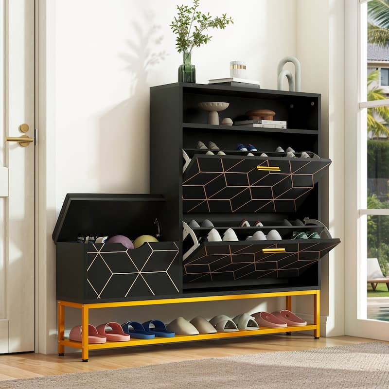 Moasis 22 Pairs Shoe Cabinet with 2 Flip Drawers, Narrow Shoes Rack with Storage Bench