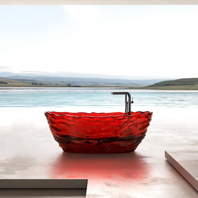 Vanity Art 69" x 30" Stone Resin Oval Freestanding Bathtub, Soaking Tub with Pop Up Drain - Pure Resin Red