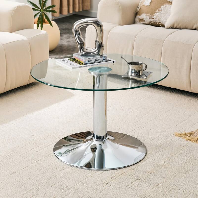 Roomfitters 27.5-Inch Round Tempered Glass Coffee Table, Metal Base, Circular Center Table, Modern Minimalist