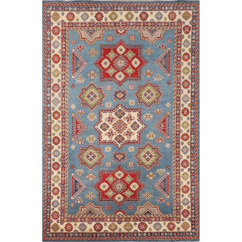 Blue Kazak Oriental Area Rug Hand-Knotted Wool Carpet - 6'7" x 9'10"