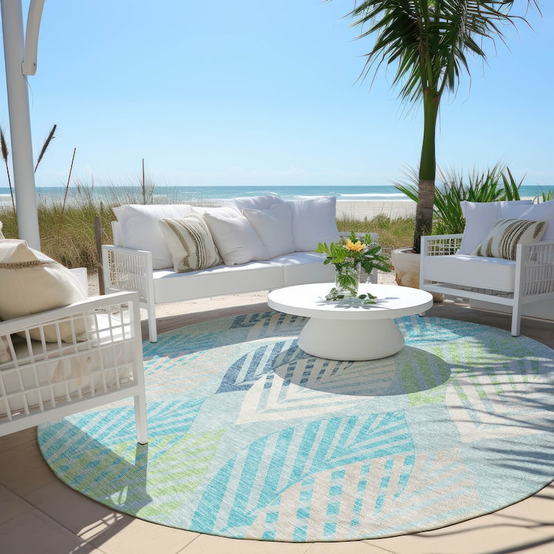 Machine Washable Indoor/ Outdoor Chantille Casual Palm Leaf Rug - Teal - 8' x 8'
