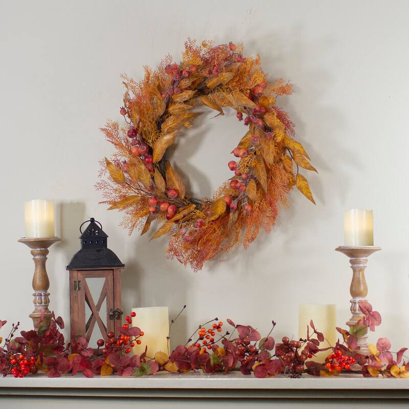 Yellow Orange Berry Leaves Fall Harvest Artificial Wreath 24-Inch