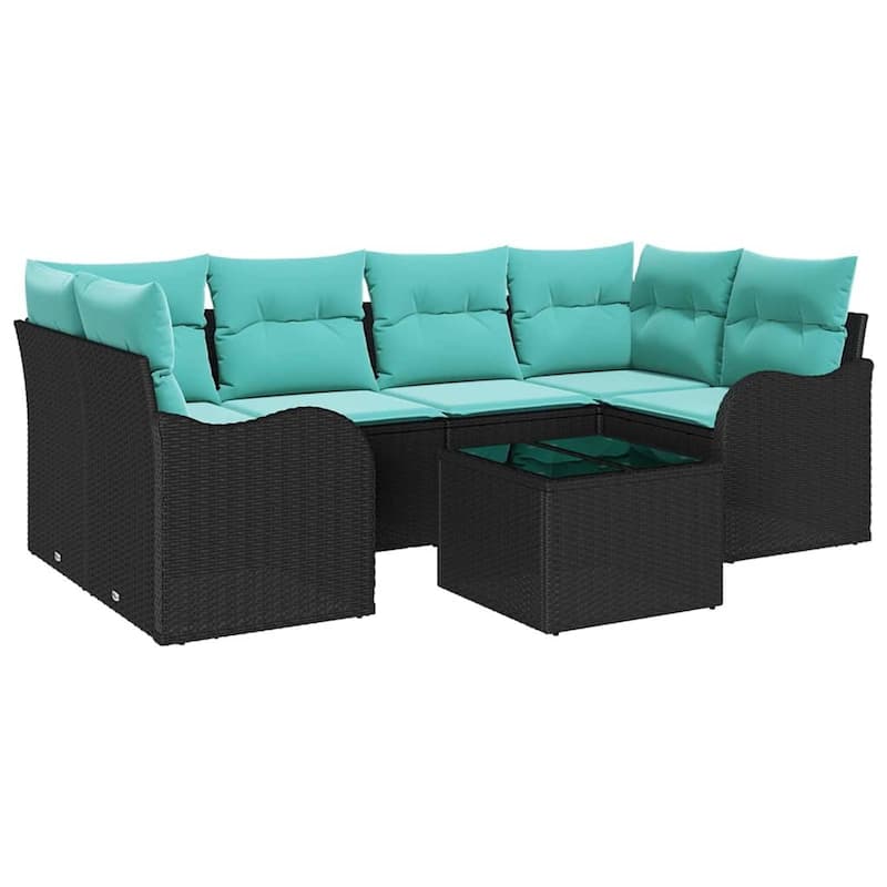vidaXL 7 Garden Sofa Set with Cushions Black/Brown/Grey Poly Rattan - 92.1 x 48.2 x 27.2