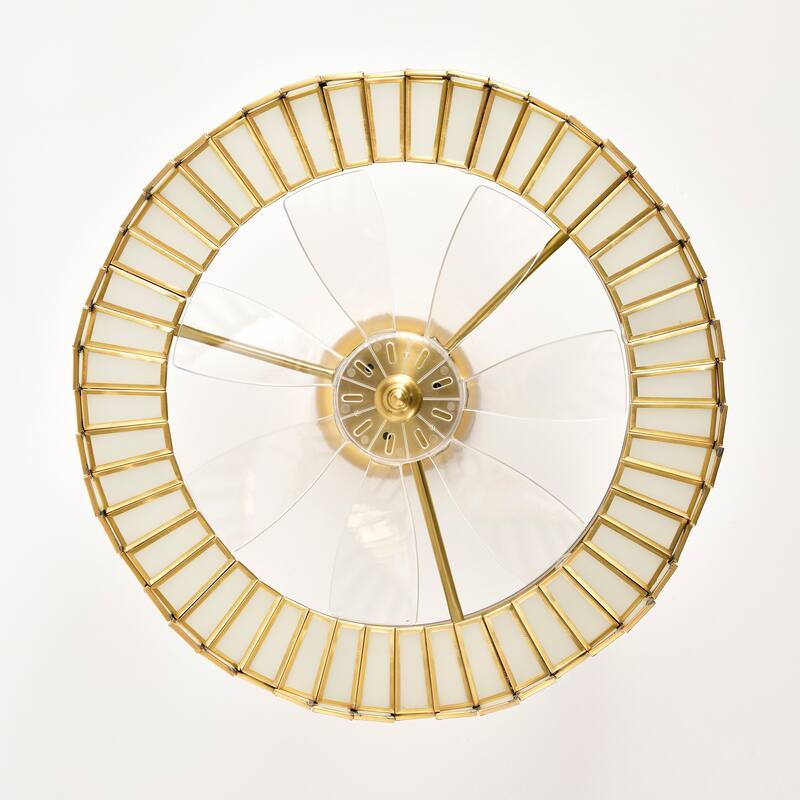 Walda 6-light Brass and Frosted Glass Staggered Panes Fandelier Lighted Ceiling Fan Remote Control - Brass-White