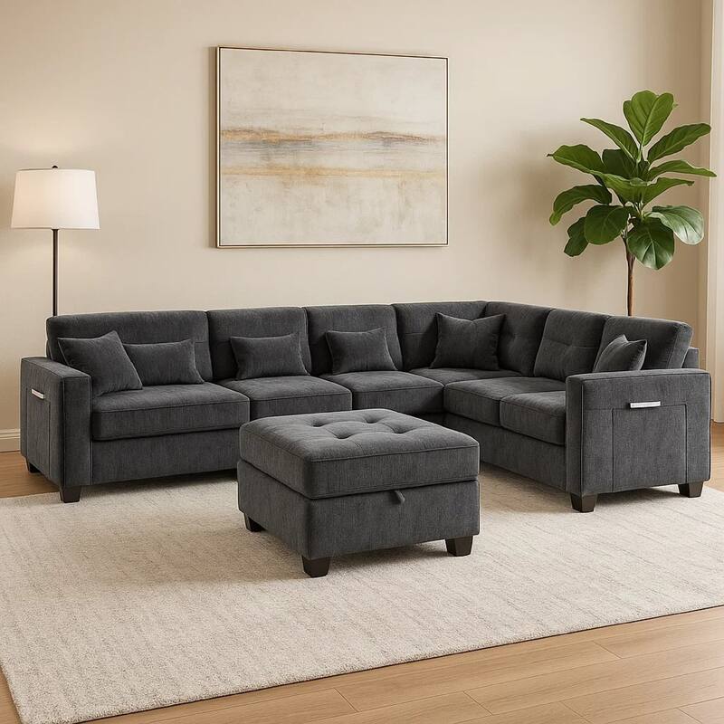 Reyna Sectional Sofa, Ottoman, Adjustable Back, Gray Chenille 115 Inch