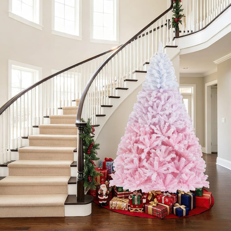 Gymax Artificial Christmas Tree Hinged Snow Flocked Xmas Tree w/ Lush - Pink, White