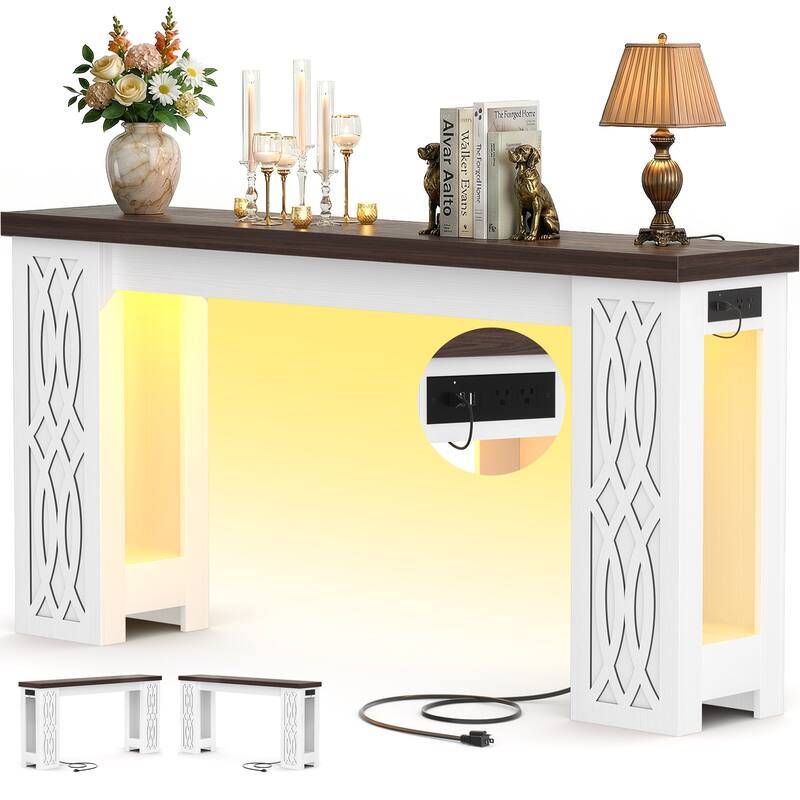 47" Farmhouse Console Table with RGB LED Light ＆ Power Outlets, Unique Carved Design Farmhouse Entryway Table Sofa Table