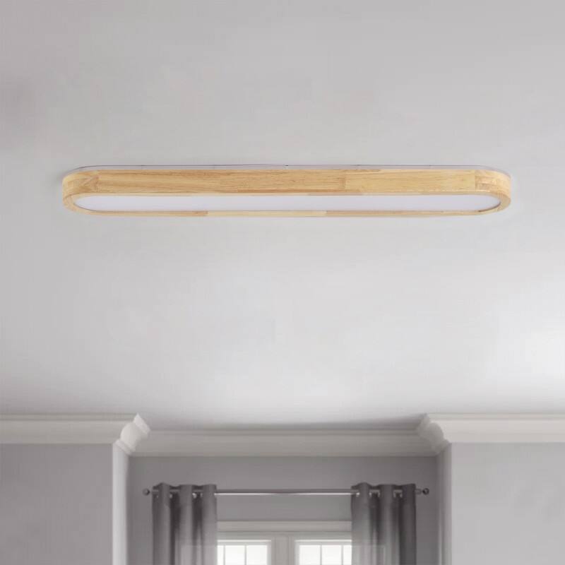 Modern Linear Flush Mount Ceiling Light Matte White Metal with Wood Grain Accent Milky White Diffuser