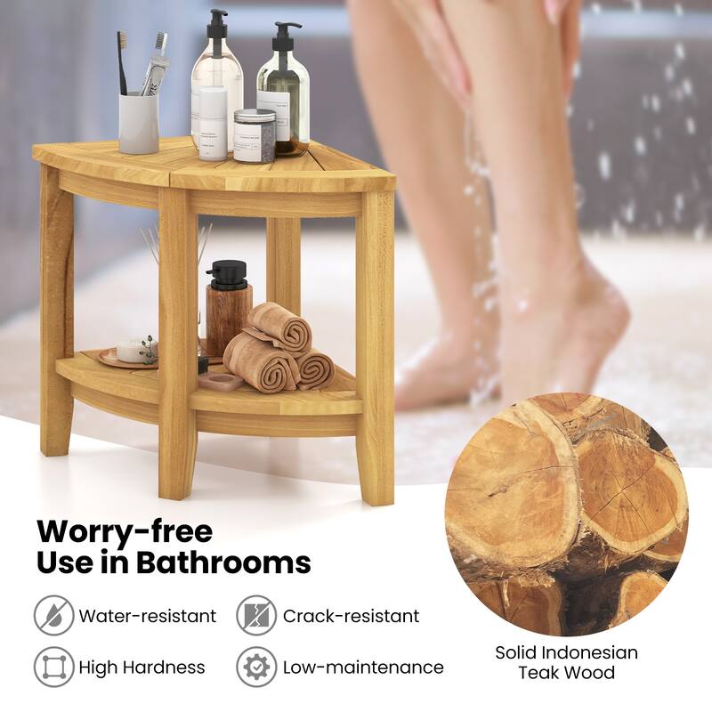 Gymax Corner Shower Stool Teak Wood Shower Bench w/ Storage Shelf