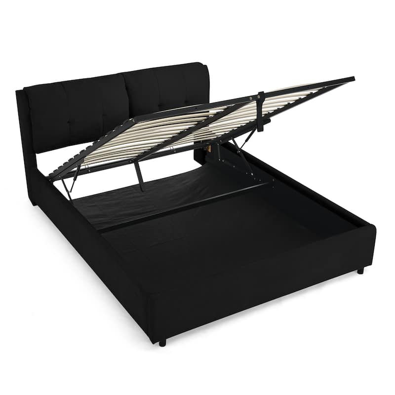 Hydraulic Storage Bed Frame Chenille Upholstered Platform Bed Queen Size Low Profile Bed with Integrated Headboard
