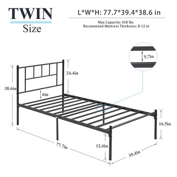 dimension image slide 0 of 2, VECELO Twin Size Kids Bed Frame, Easy-to-assemble Metal Twin Platform Bed Frame with Under-bed Storage