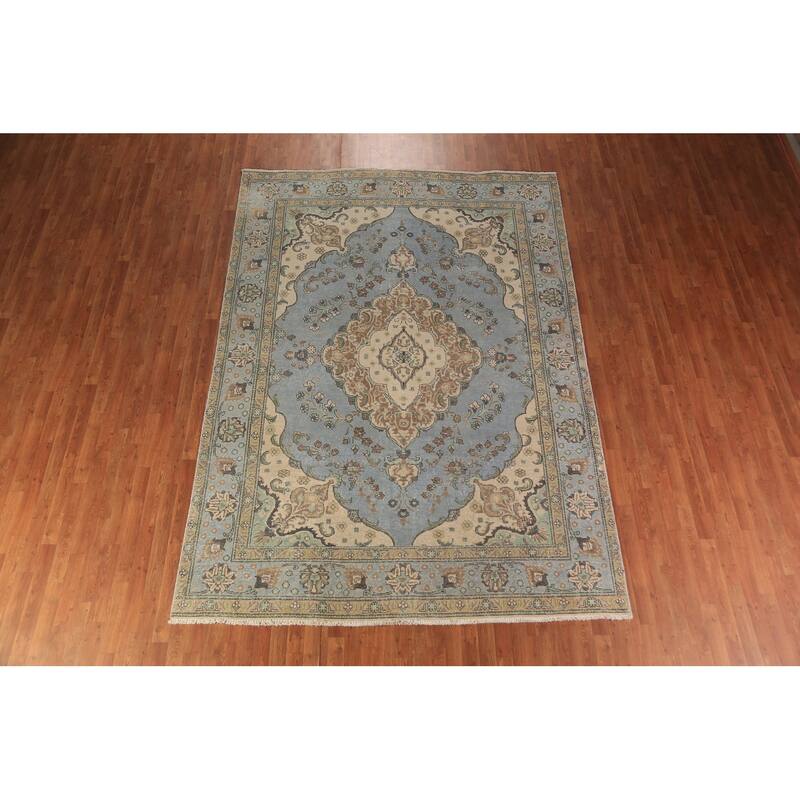 Light Blue Tabriz Persian Area Rug Hand-Knotted Oriental Wool Carpet - 7'10"x 11'1"