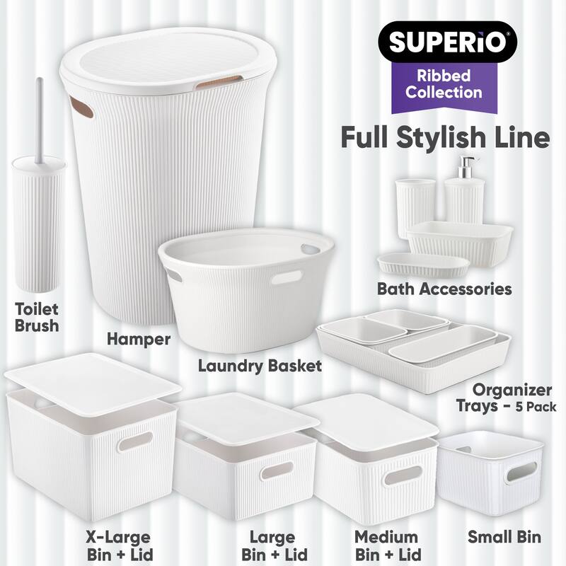 Superio Decorative Ribbed Laundry Basket with Cutout Handles, 35 L - 10.5" H x 20.5" W x 16.5" D