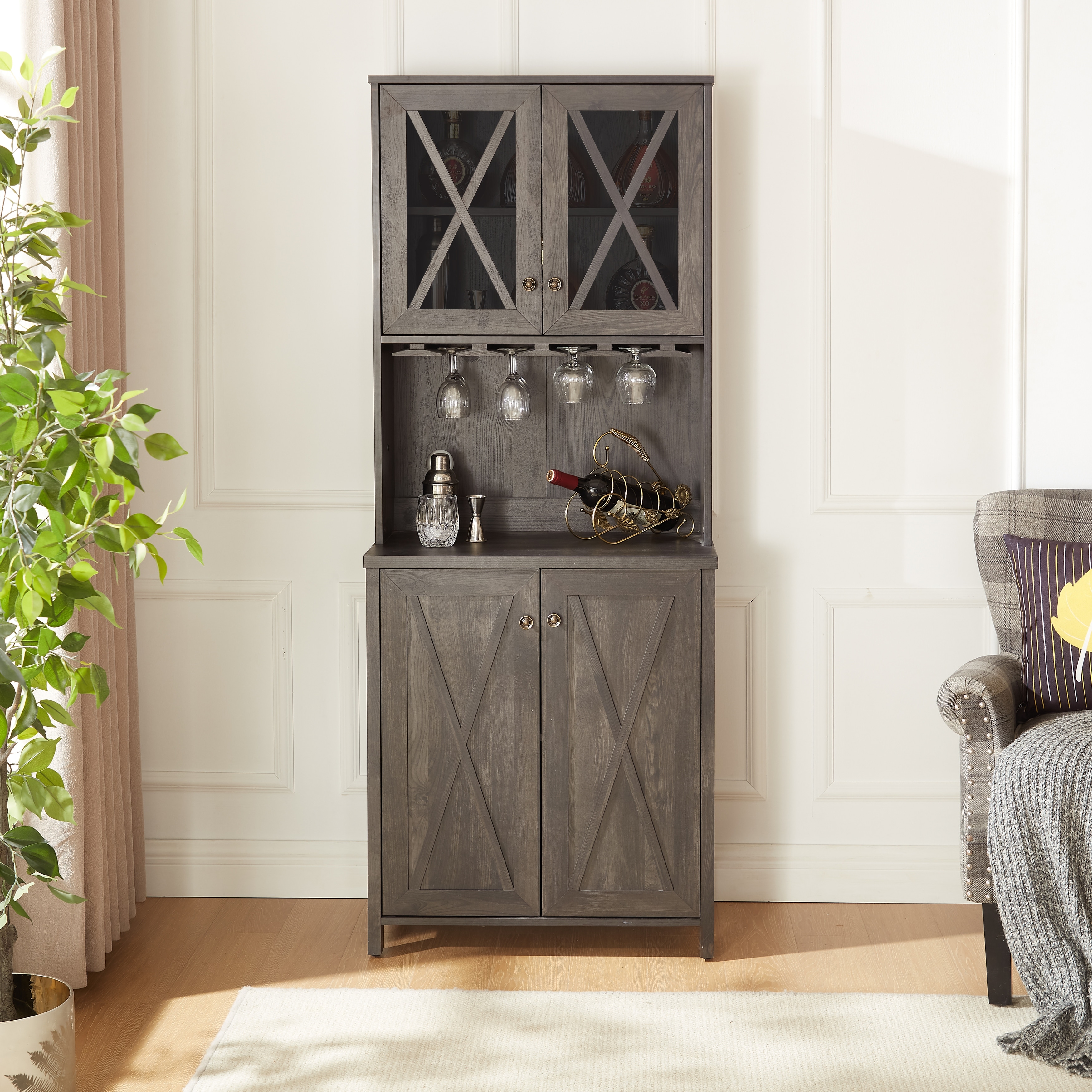 Grey MDF Bar Cabinet for Liquor and Glasses Dining Room Kitchen