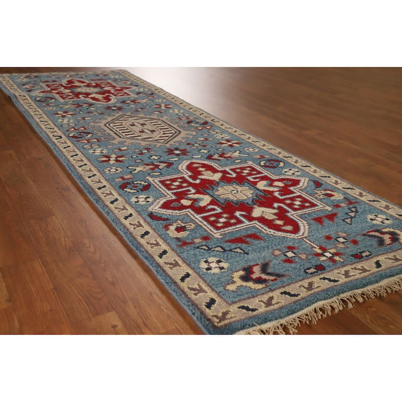 Light Blue Heriz Serapi Indian Runner Rug Hand-Knotted Wool Carpet - 2'7" x 7'11" - Blue - 2'7" x 7'11"