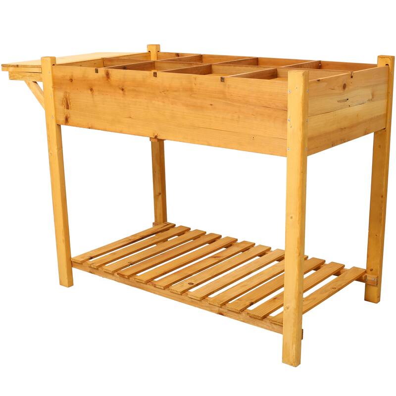 Country Rustic Style Garden Bed with Foldable Side Table and Storage Shelf, for Herb Vegetables Flowers Outdoor Gardening