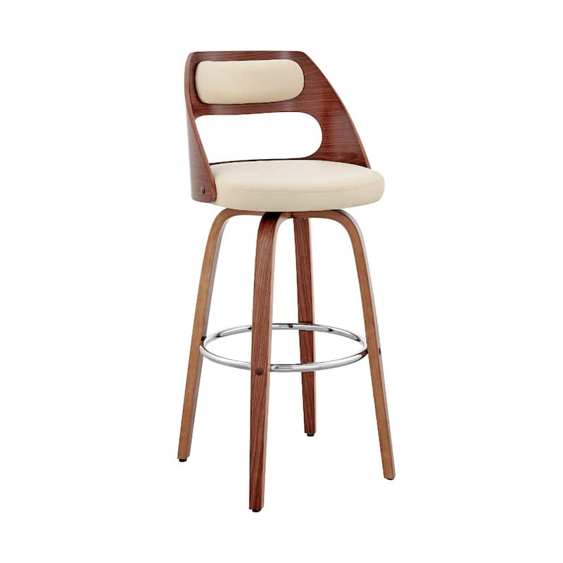 Faux Leather Swivel Bar Chair with Full Back and Walnut Wood Frame - Cream 26"