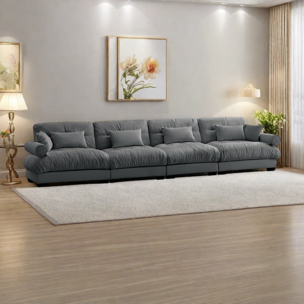 166" Velvet 4-Seater Sofa with Bolster Armrests, High-Resilience Sponge Cushions