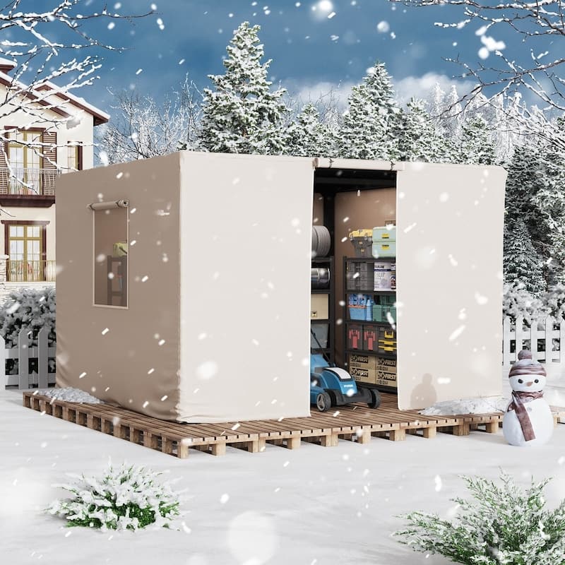 Outdoor Louvered Pergola with Optional Winter Cover Accessory | Adjustable Aluminum Hardtop Gazebo Includes Curtains & Netting - 12x12 ft - Beige Cover