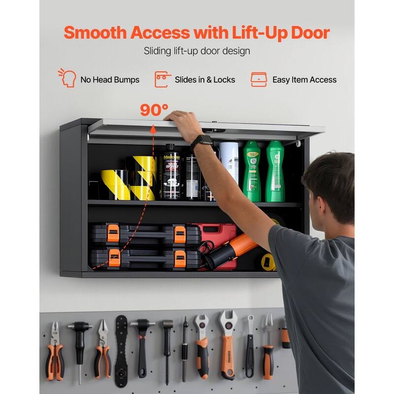 Black Wall Mounted Storage Cabinet for Garage Kitchen Workshop with Flip-Up Doors and Lock - 27.56” x 12.01” x 19.69”