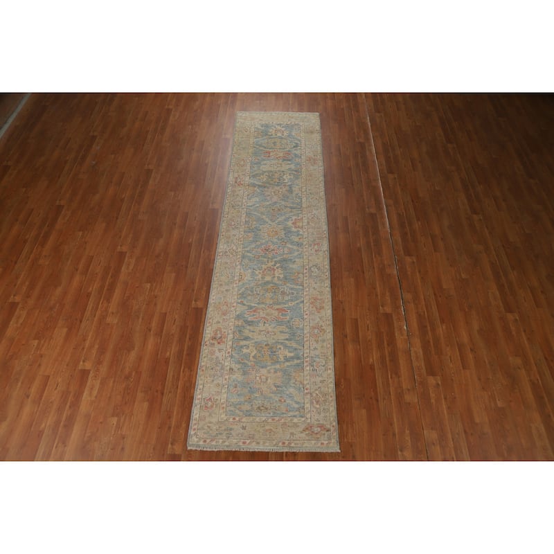 Hand Knotted Oriental 100% Wool Carpet Transitional All-Over Navy Blue & Blues Oushak Runner Rug - 11' 2'' X 2' 11''