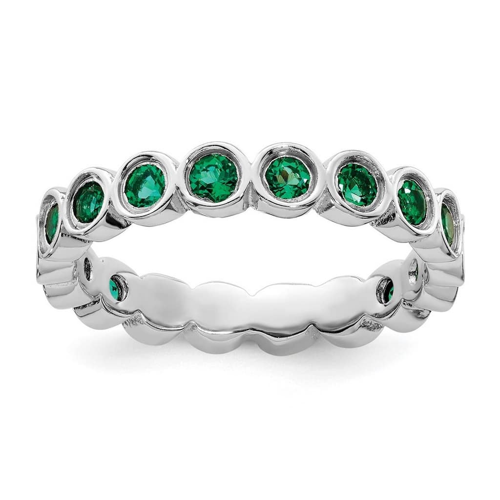 Curata 925 Sterling Silver Bezel Polished Patterned Stackable Expressions Created Emerald Ring