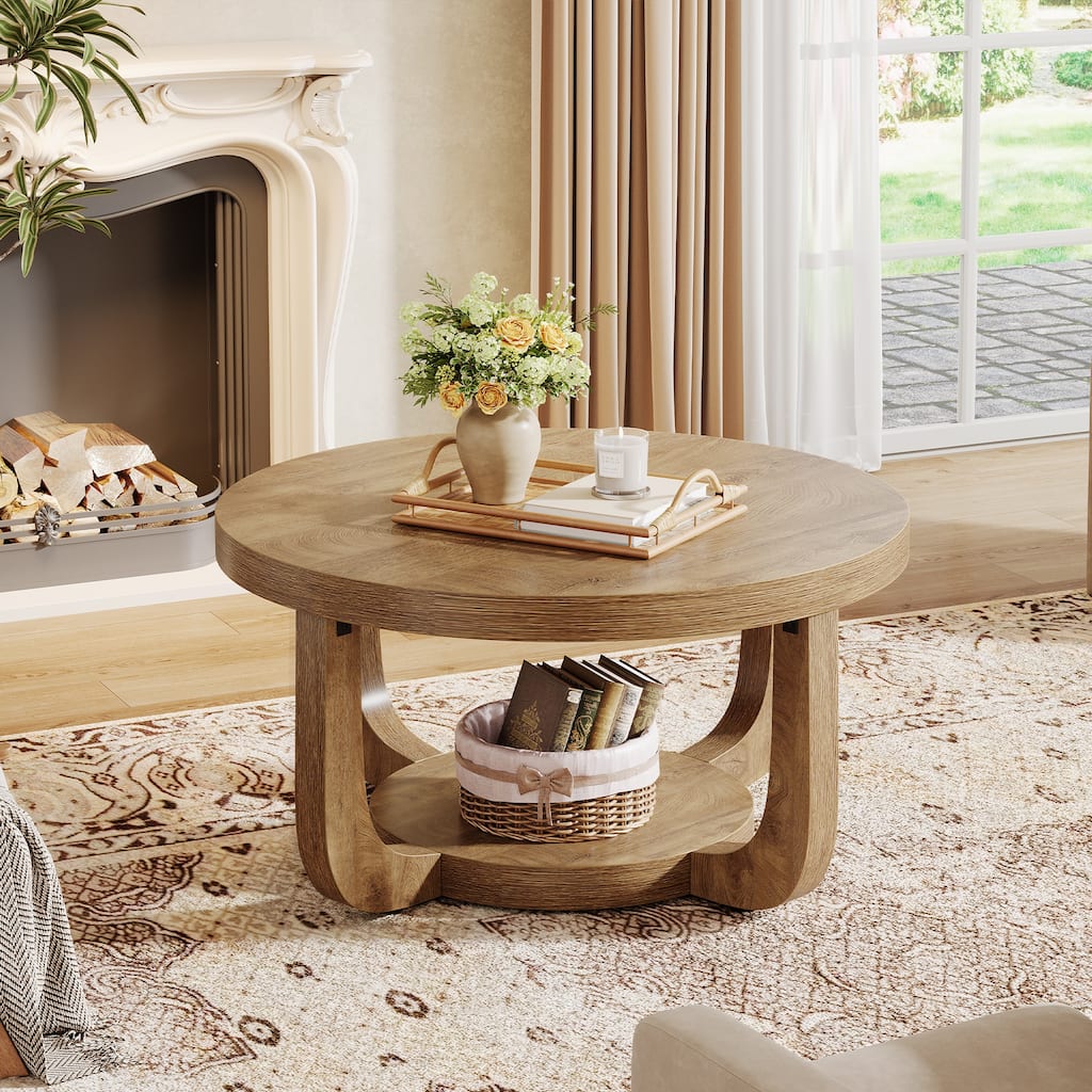 2-Tier Round Coffee Table, Wooden Accent Center Table for Living Room, Brown - Large