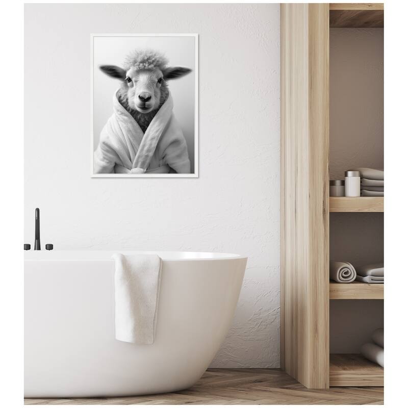 Kate and Laurel Sylvie Sheep Bathroom Art Towel Robe Black and White Framed Canvas by The Creative Bunch Studio
