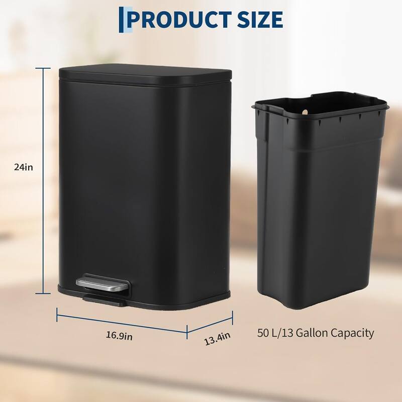 13 Gal Soft-Close Lid Stainless Steel Trash Can for Kitchen, Bathroom, Office