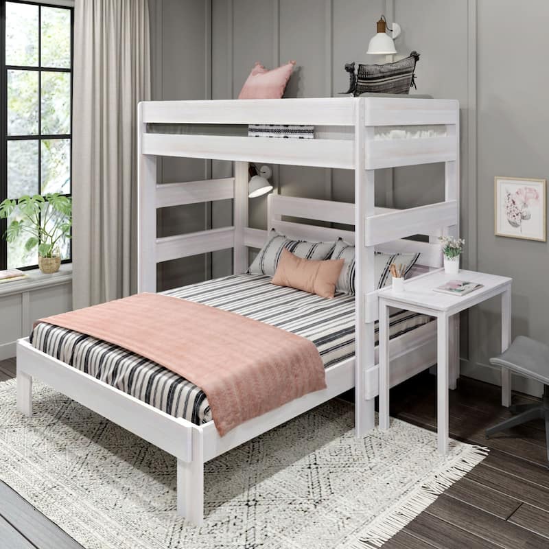 Max and Lily Farmhouse Twin over Queen L Shaped Bunk Bed with Desk - White Wash