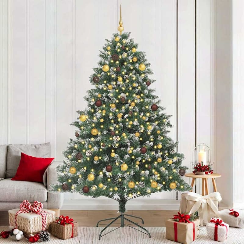 vidaXL Artificial ChristmasTree with Stand Gree PVC - Green with LEDs and gold/bronze balls - 7 Foot