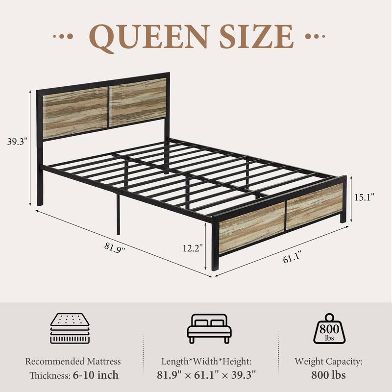 VECELO Platform Bed Frame with Wooden Headboard Heavy Duty Steel Slats Support No Box Spring Needed