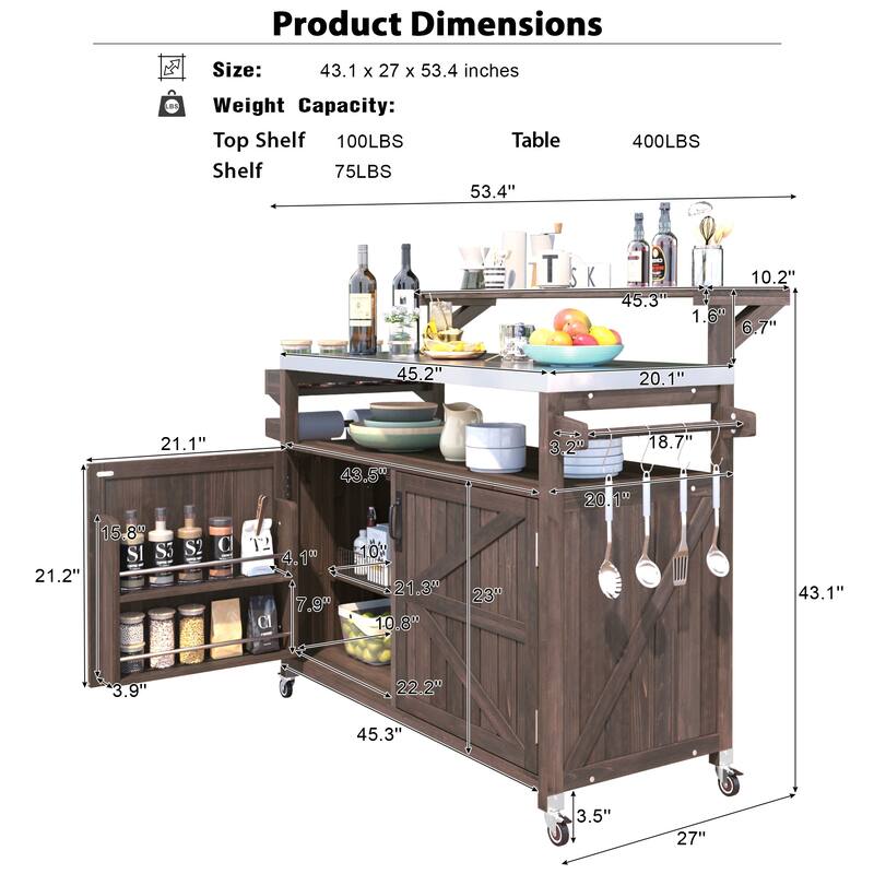 53.3" Outdoor Kitchen Island with Raised Shelf,Solid Wood Storage Cabinet with Stainless Steel Top(NO CHAIR) - N/A