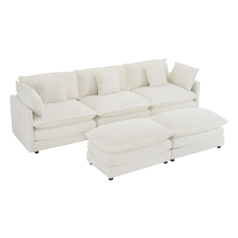 112.6" Corduroy Modular Sectional Sofa with Ottoman and Storage Pockets