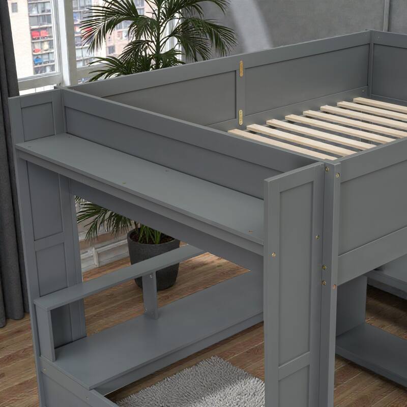 Full Size Gaming Loft Bed with Desk, Storage Shelves, LED Lights and Charging Station, Wooden Loft Bed Frame