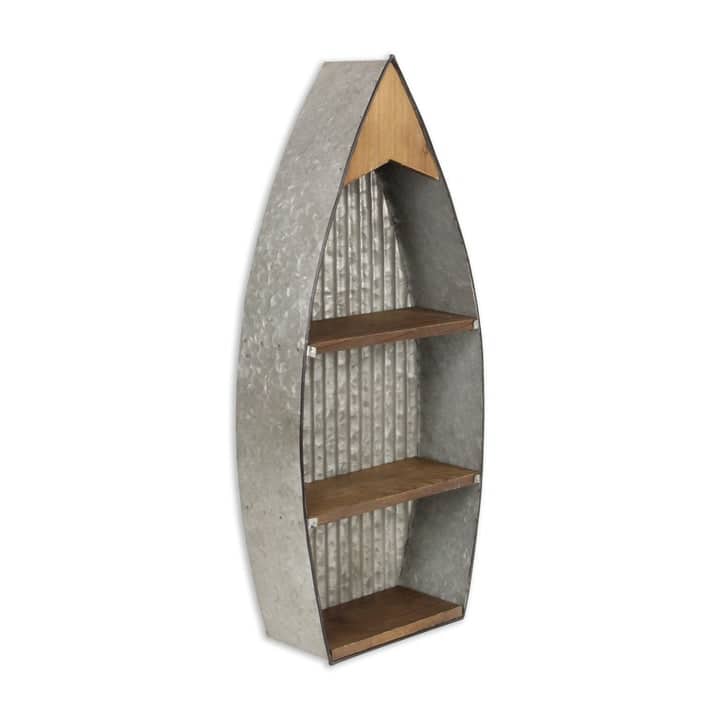 Gray Metal Ribbed Wall Hanging Boat with Wood Shelves