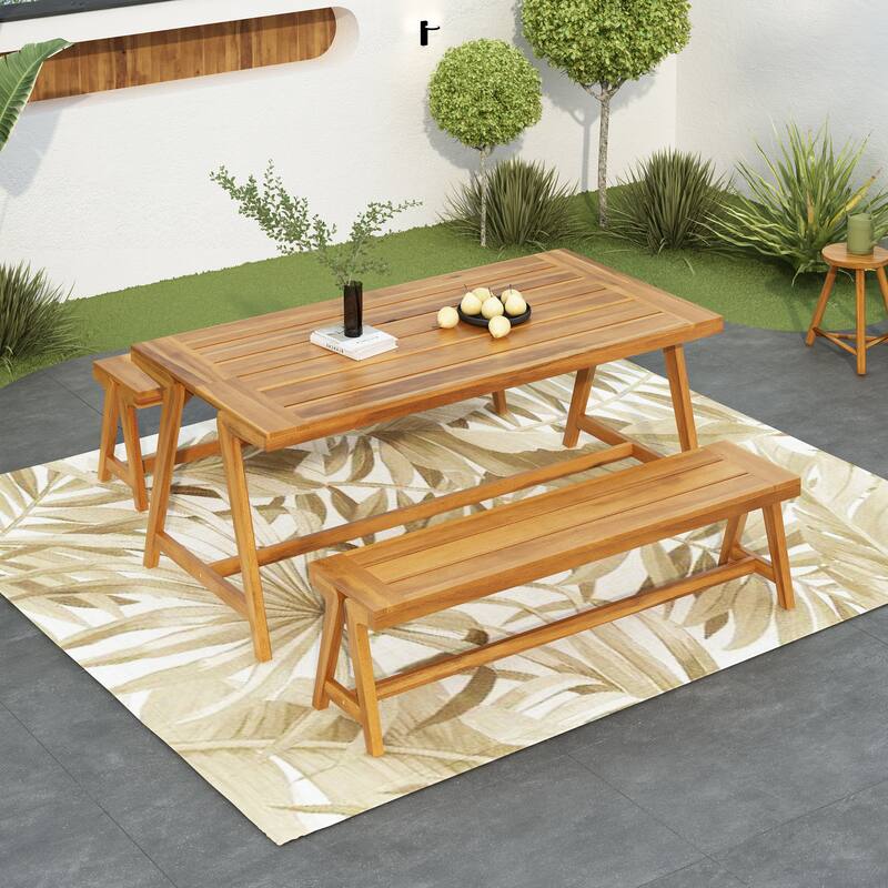 Roomfitters 3-Piece Outdoor Picnic Set, Contemporary Acacia Wood Dining Table & 2 Benches, All-Weather Compact Design