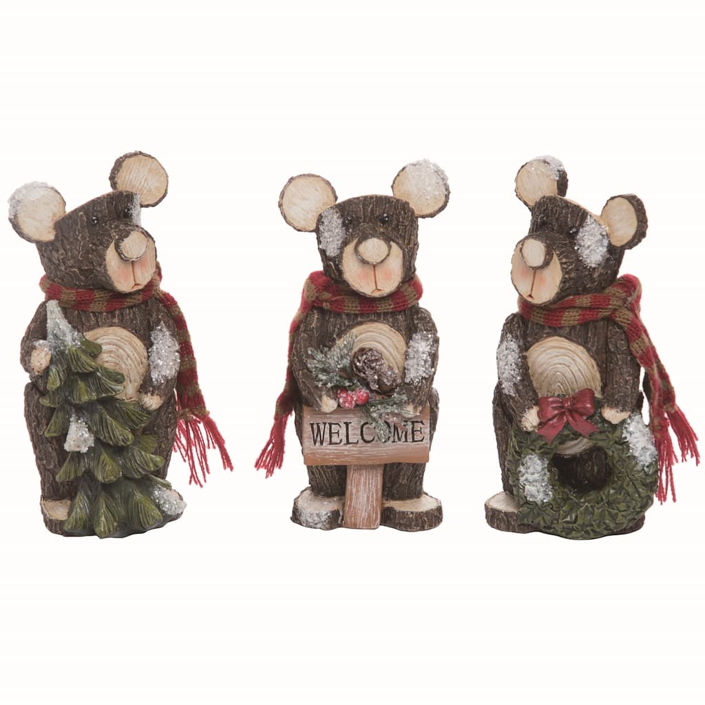 Transpac Resin Tree Stump Bear Figurine Set of 3 Christmas Home Decorations