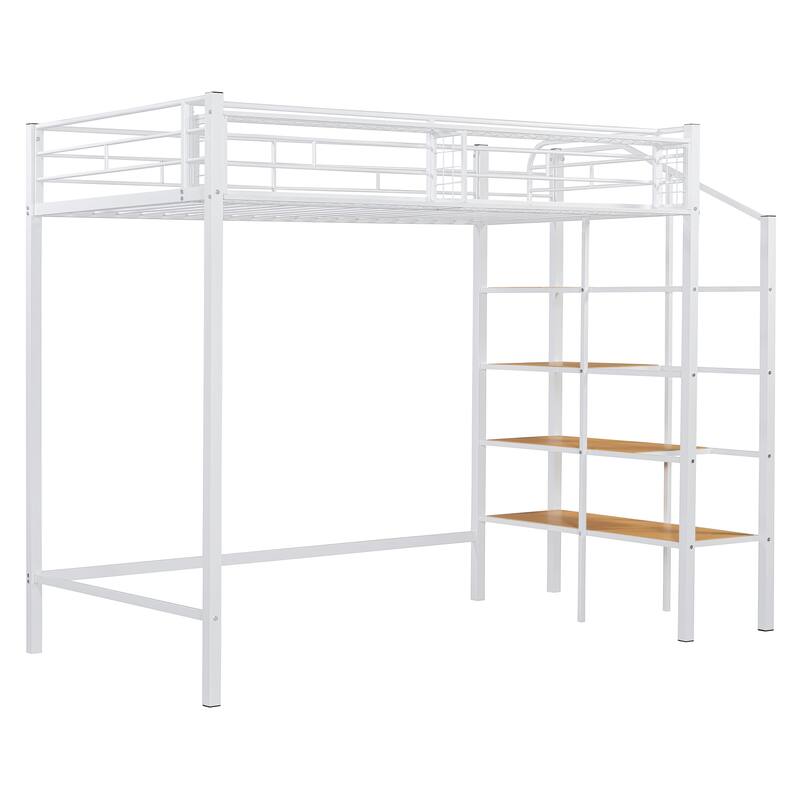 Twin Size Metal Loft Bed with Upper Grid Storage Shelf and Lateral Storage Ladder