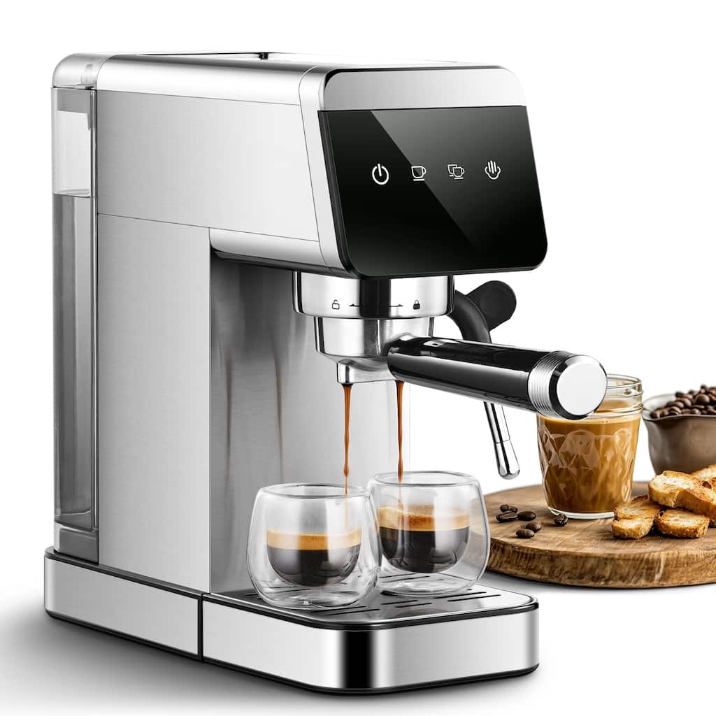 AMZCHEF 20 Bar Espresso Machine, 1350W Compact Stainless Steel Coffee Maker with LED Touch Screen - 13"D x 6.5"W x 12"H