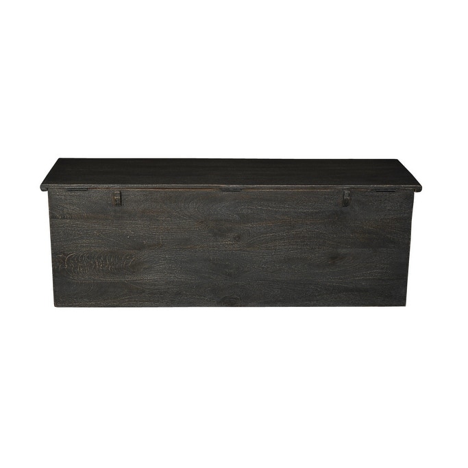 HomeRoots 52" Black Distressed Solid Wood Carved Floral Storage Ottoman