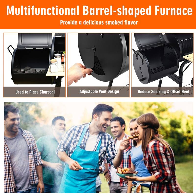 Costway Barrel Charcoal Grill with Foldable Side Table Built-in - See Details - as pic shows