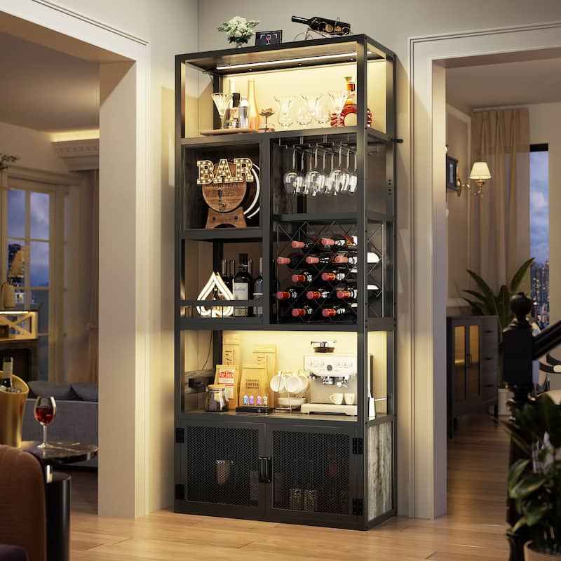 82.6" Tall Wine Cabinet with Glass Holder & Wine Rack，6-Tiers Liquor Storage Cabinet with LED Lights ＆ Charging Station - Black Oak