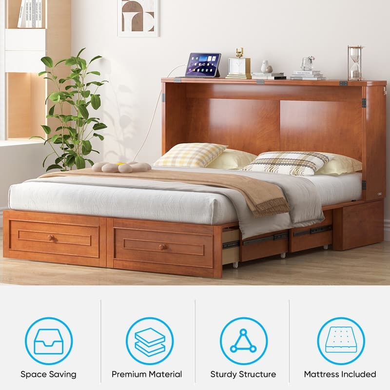 Mixoy Queen Modern Murphy Bed Chest with Mattress and Storage Drawer