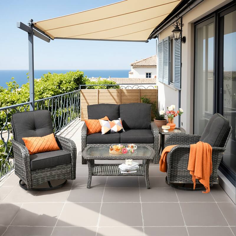 HOOOWOOO 5-piece Grey Wicker Furniture Chat Set Patio Conversation Set with Swivel Chair - Black