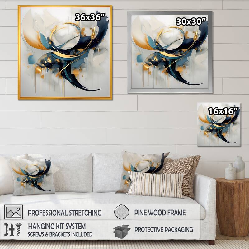 Designart "Abstract Golden Blue Whirls Of Serenity I" Abstract Fractal Gold - Modern Bedroom Framed Canvas Wall Art